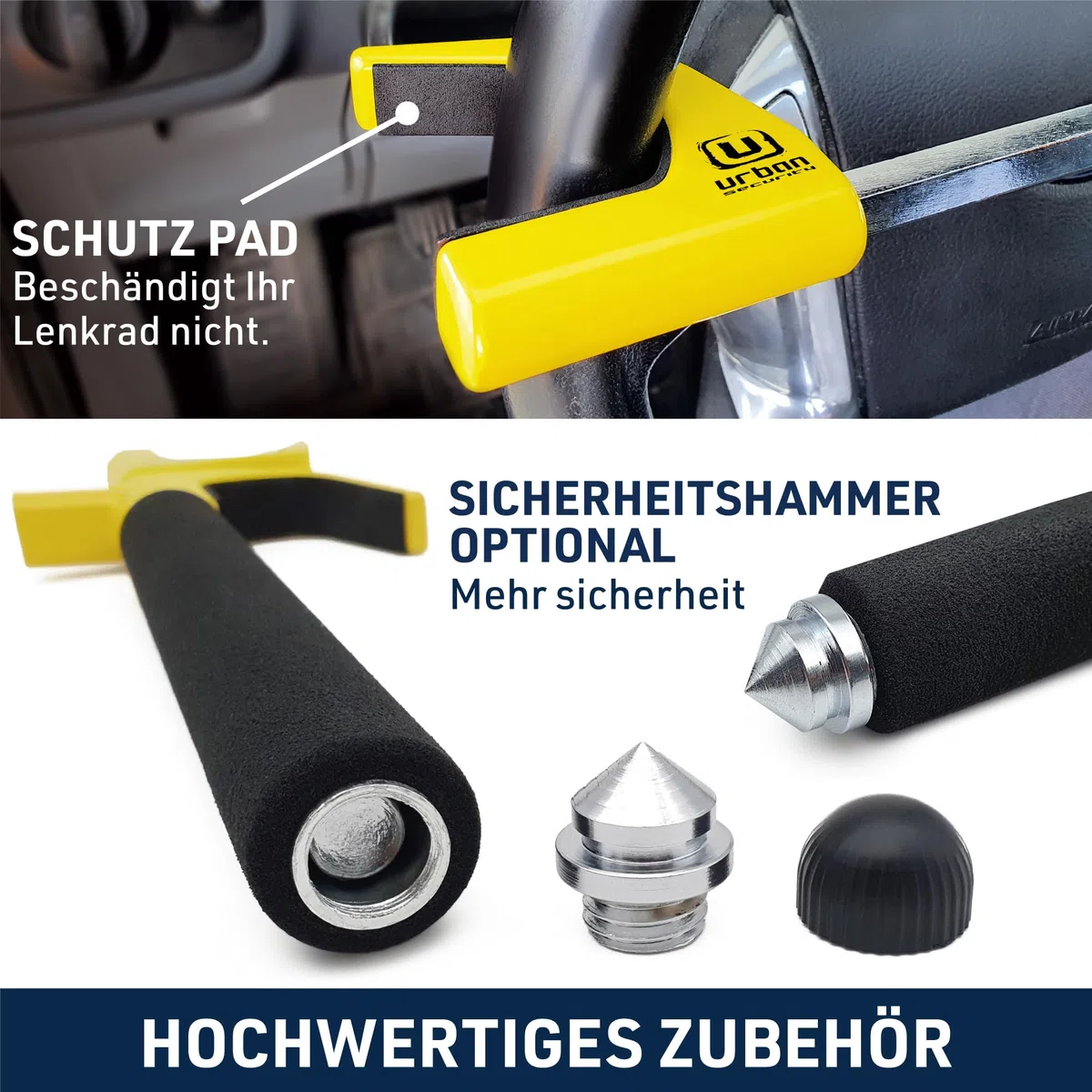 URBAN UR959Y Lenkradkralle Hochsicherheits Lenkradschloss Abschreckend Gelb, Lenkradsperre Automatik-Verriegelung, Diebstahlsicherung Universal für Auto Wohnmobil PKW