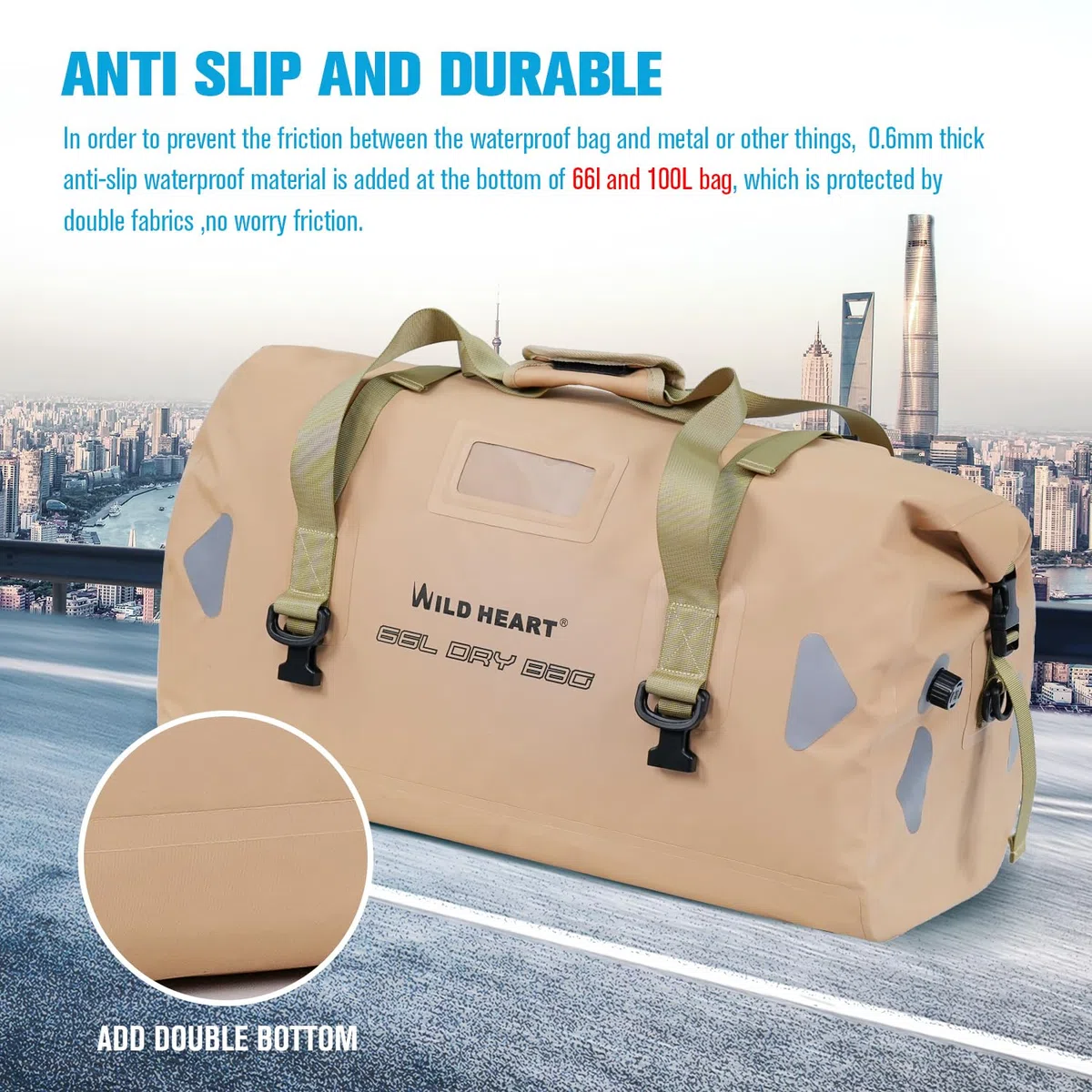 WILD HEART wasserdichte Reisetasche PVC500D Doppelboden mit Seil und Innentasche 40L 66L 100L Für Kajak,Camping,Bootfahren,Motorrad
