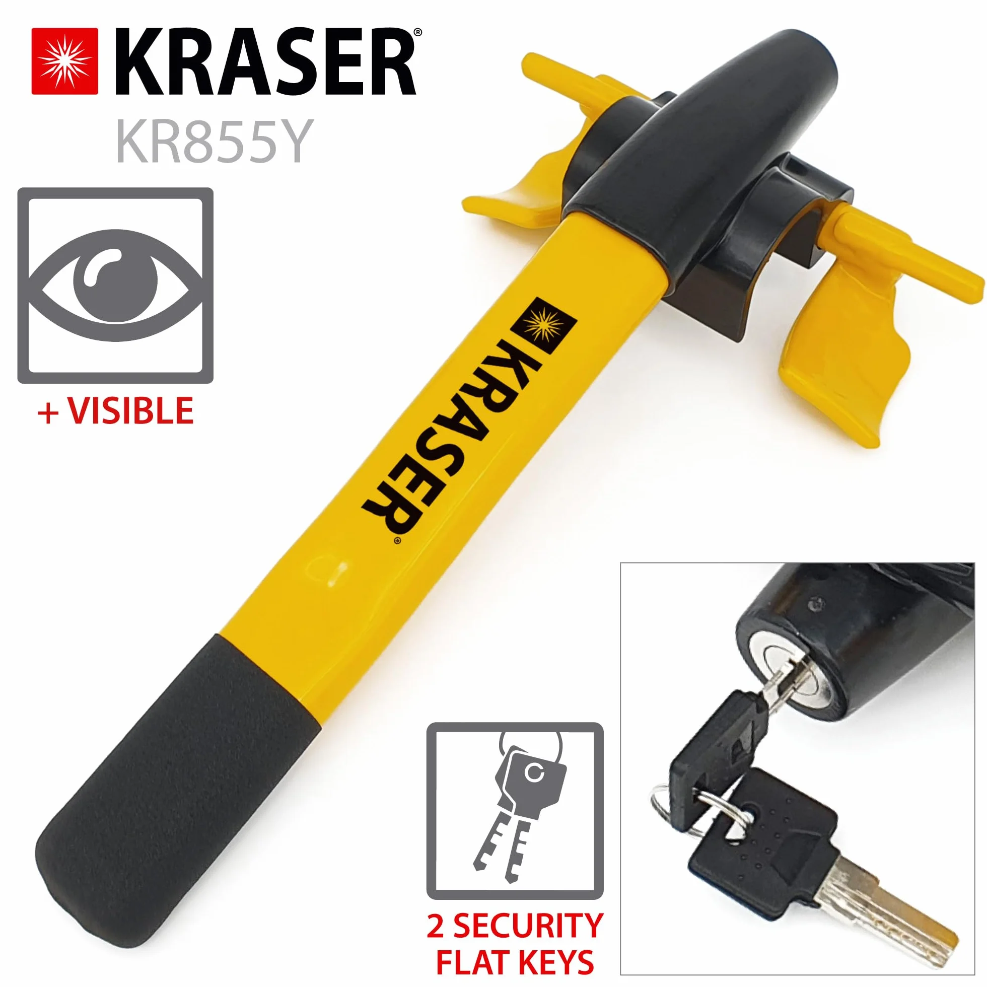 KRASER KR855Y Hohe Sicherheit Lenkradkralle, Sichtbarer und Abschreckender Lenkradschloss, Lenkradsperre Wohnmobil, Wegfahrsperre Diebstahlsicherung Universal für Auto PKW