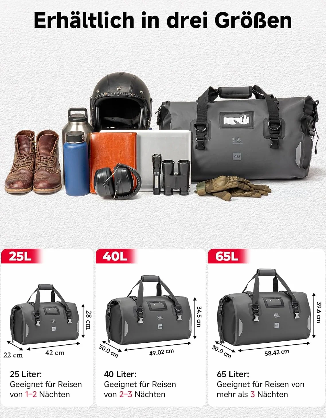 KEMIMOTO Motorrad Hecktasche 40L, IPX6 wasserdichte Motorradtasche Gepäckrolle mit Schnellverschlussgurten, Große Kapazität & Mehrere Fächer, Ideal für Touring, Camping, Motorradfahren, Wassersport