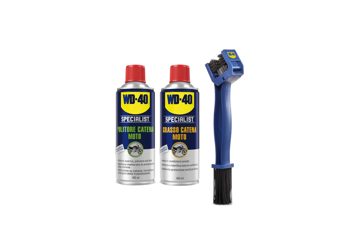 WD-40 - Specialist - Wartungskit für Motorradketten - 1 Reiniger Spray 400 ml + 1 Kettenfett für Motorradketten für feuchte Bedingungen, Spray 400 ml + eine 4-seitige Bürste für die Reinigung der