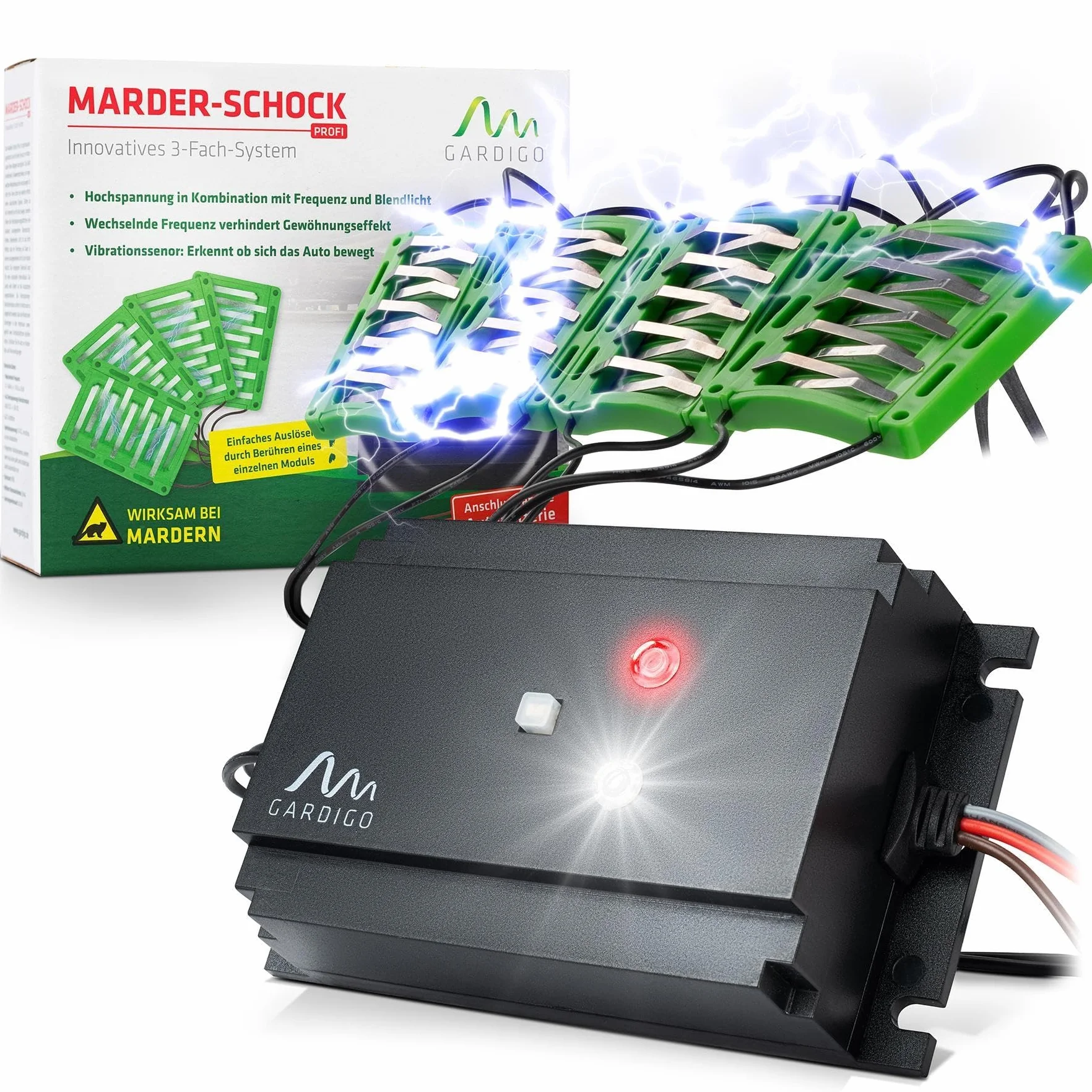 Gardigo® Marderschreck Auto Stromschlag | 3-fache Marderabwehr durch Ultraschall Blitzlicht und Elektroschock | Marderschutz im Motorraum | IP65 | Anschluss an Autobatterie | 400V | 12-24 kHz