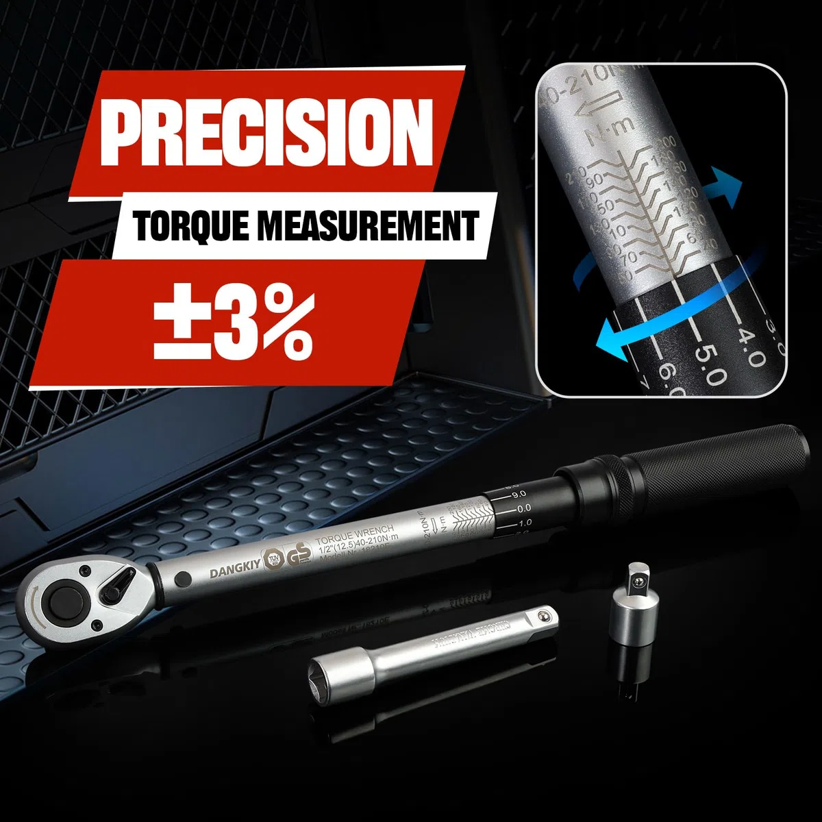 Drehmomentschlüssel Auto, 40–210 N.m Drehmomentschlüssel 1/2 Zoll, 6-tlg. Torque Wrench mit 125 mm Verlängerung, 1/2"-3/8" Adapter & 3 Stecknüssen – Für Reifenwechsel & Motorrad