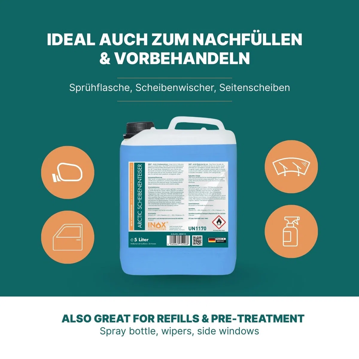 INOX® - Schnell wirkender Scheibenenteiser 5l + 1L Sprühflasche| Effektiver Scheibenenteiser Nachfüller | Scheiben Enteisen ohne Kratzen | Schlierenfreies Scheibenenteisen | Wirksam bis -40 Grad