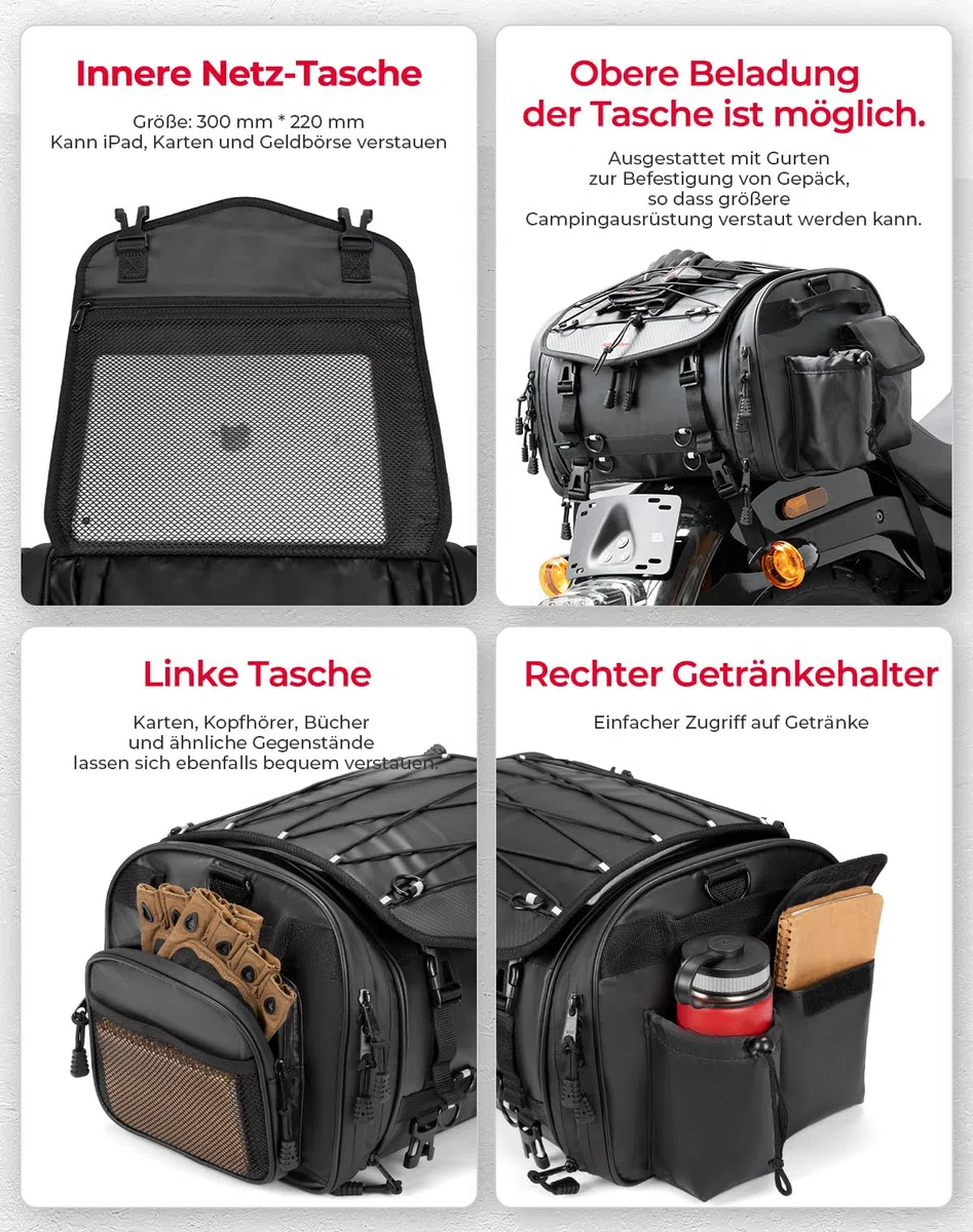 KEMIMOTO Motorrad Hecktasche 24-32L wasserdicht erweiterbare Satteltasche Gepäckträgertasche mit Regenhülle schwarz