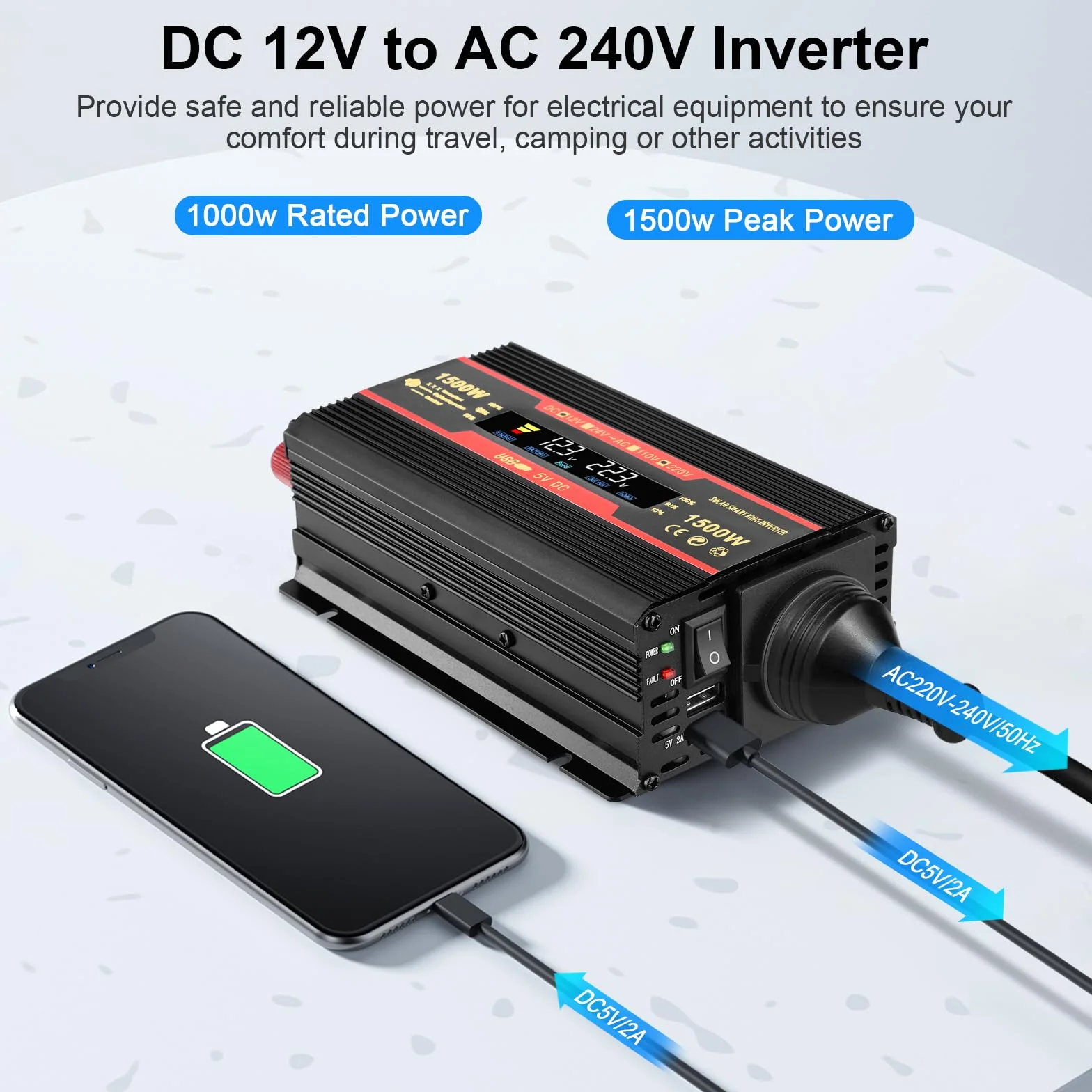 Spannungswandler 12v 230v,wechselrichter 1500w,mit Alligatorclip Zigarettenanzünder Stecker,1 Ac Steckdose & 2 Usb Port,power Inverter Für Auto