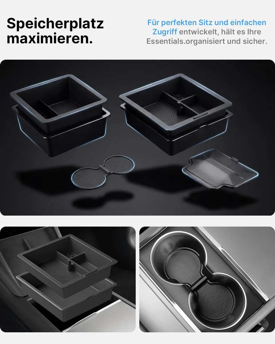 4-Teiliges Mittelkonsole Organizer für Tesla Model 3 Highland 2024-2026 & Model Y Juniper 2025-2026 (nur Premium & Performance), Aufbewahrungsbox Armlehnenablage Zubehör