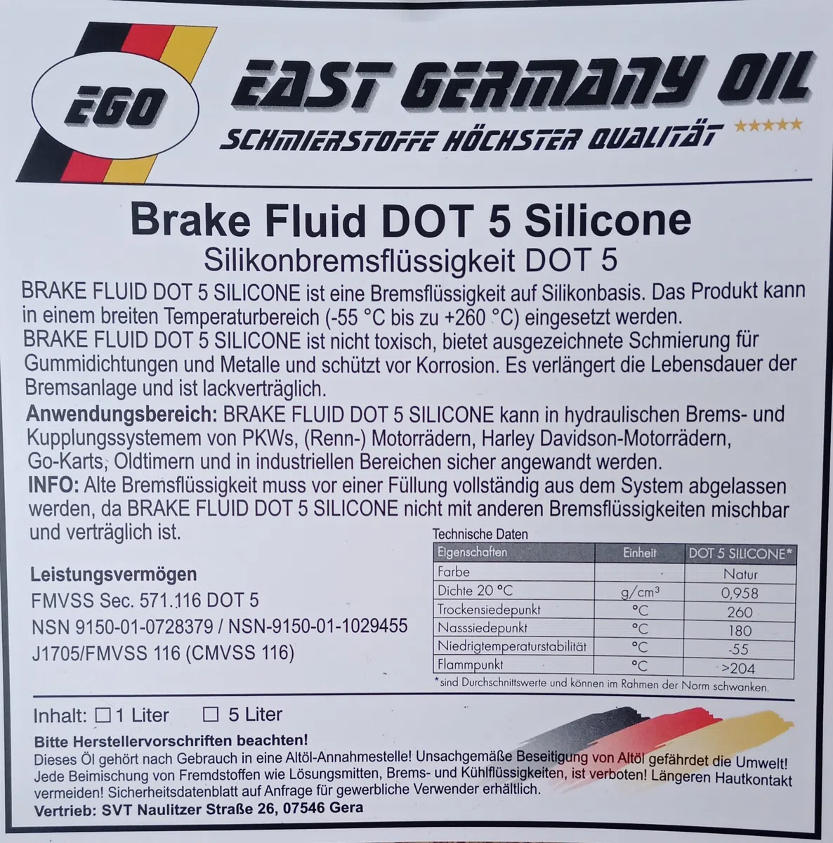 East Germany Oil Silikonbremsflüssigkeit DOT 5 Silicone Break Fluid DOT 5 - Flasche 1 Liter Inhalt-