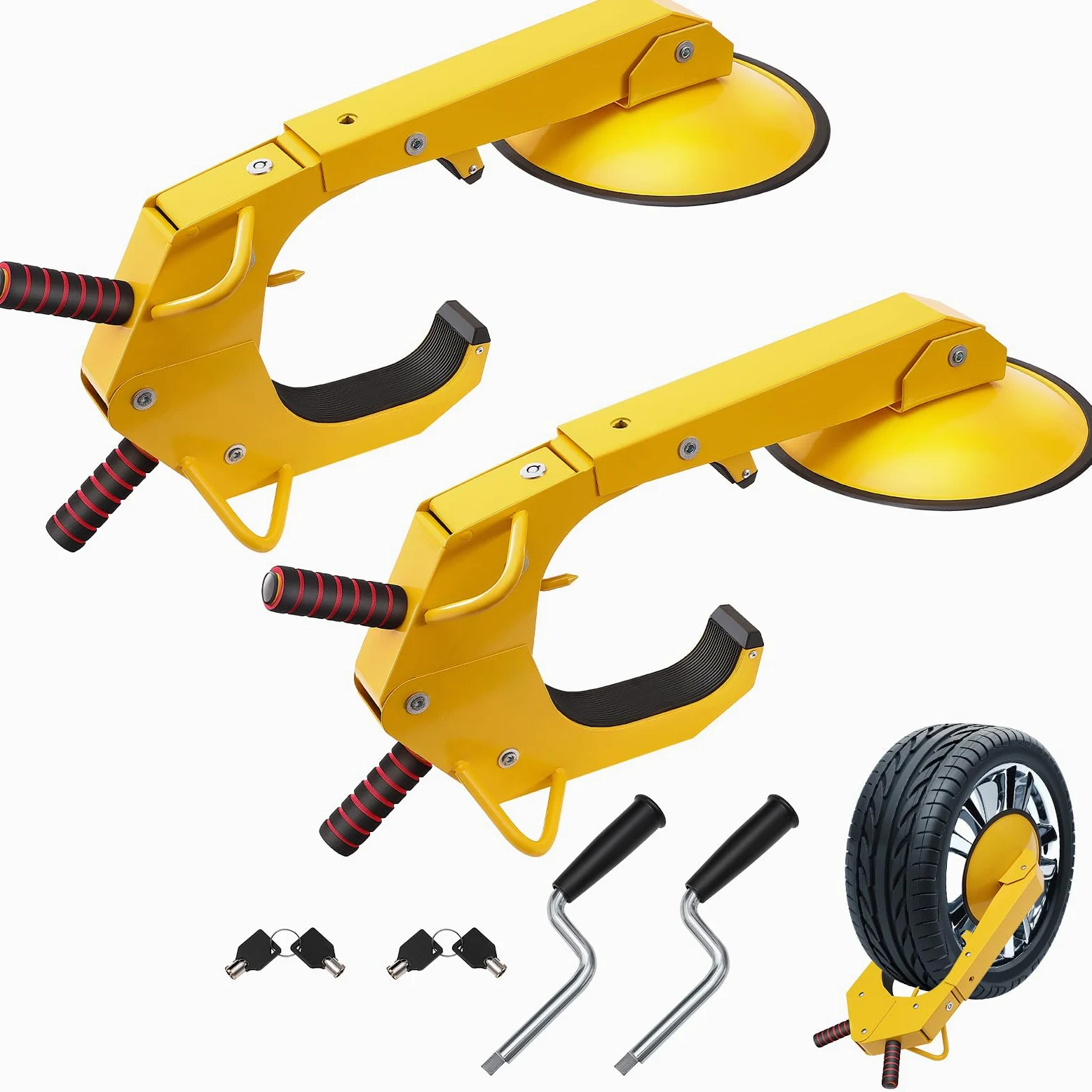 VEVOR Radschloss Autokralle 2 Stk.Reifenschloss, Passend für 160-380 mm Raddurchmesser Anti-Diebstahl, Anhänger-Radkralle mit 30 cm Saugnapf, Parkkralle für Autos, Lkw, SUVs, Camper, Boote Gelb