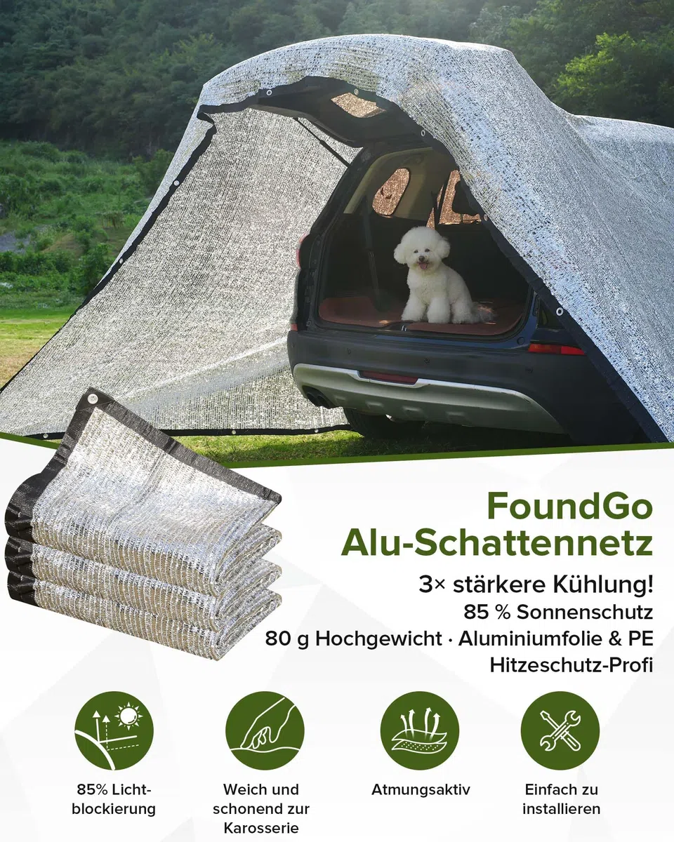 FoundGo Alu Schattennetz Auto Hund 3x4m, 85% UV-Schutz, Aluminium-HDPE Hitzeschutz mit Ösen, Luftdurchlässig & Reflektierend für Camping Sonnenschutz, Wohnmobil & Garten mit Zubehör