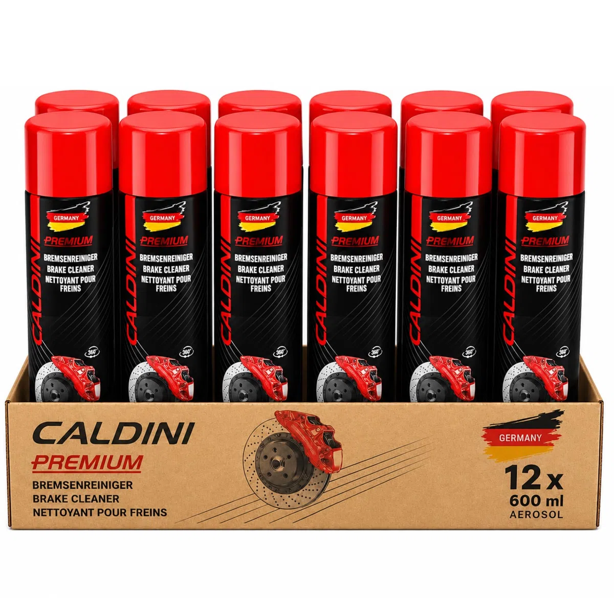 Caldini Bremsenreiniger 12 x 600 ml, acetonfreier Teilereiniger und Entfetter in Spraydose, entfernt Öl, Fett und Schmutz von Bremsen und Kupplungsteilen, Schnell & Rückstandsfrei, Made in Germany