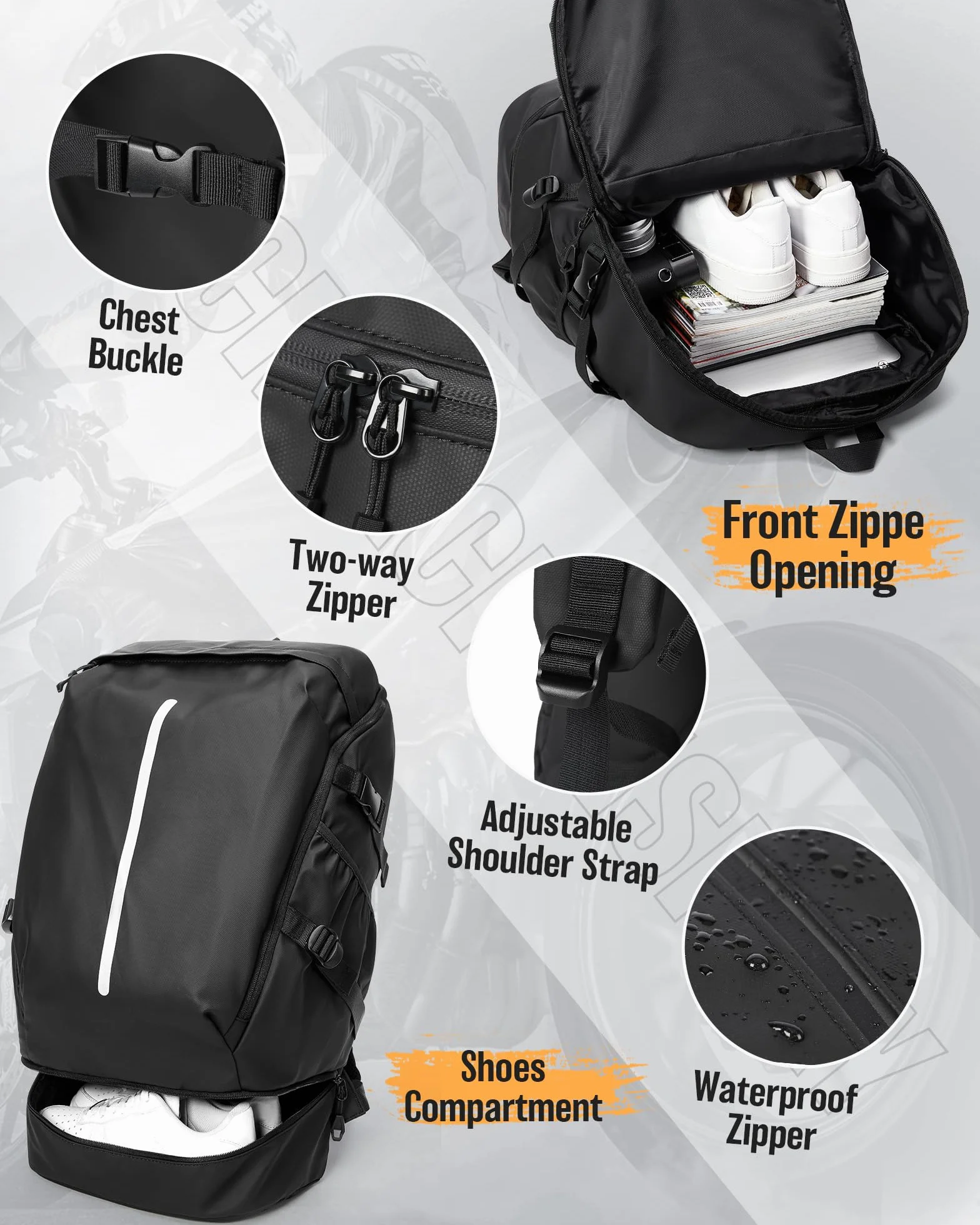 Motorradrucksäcke Wasserdicht Helmrucksack für Herren Damen Groß Motorrad Rucksäcke Reise Rucksäcke mit Schuhfach Leicht Herren Motorradrucksack Motorcycle Backpack Schwarz