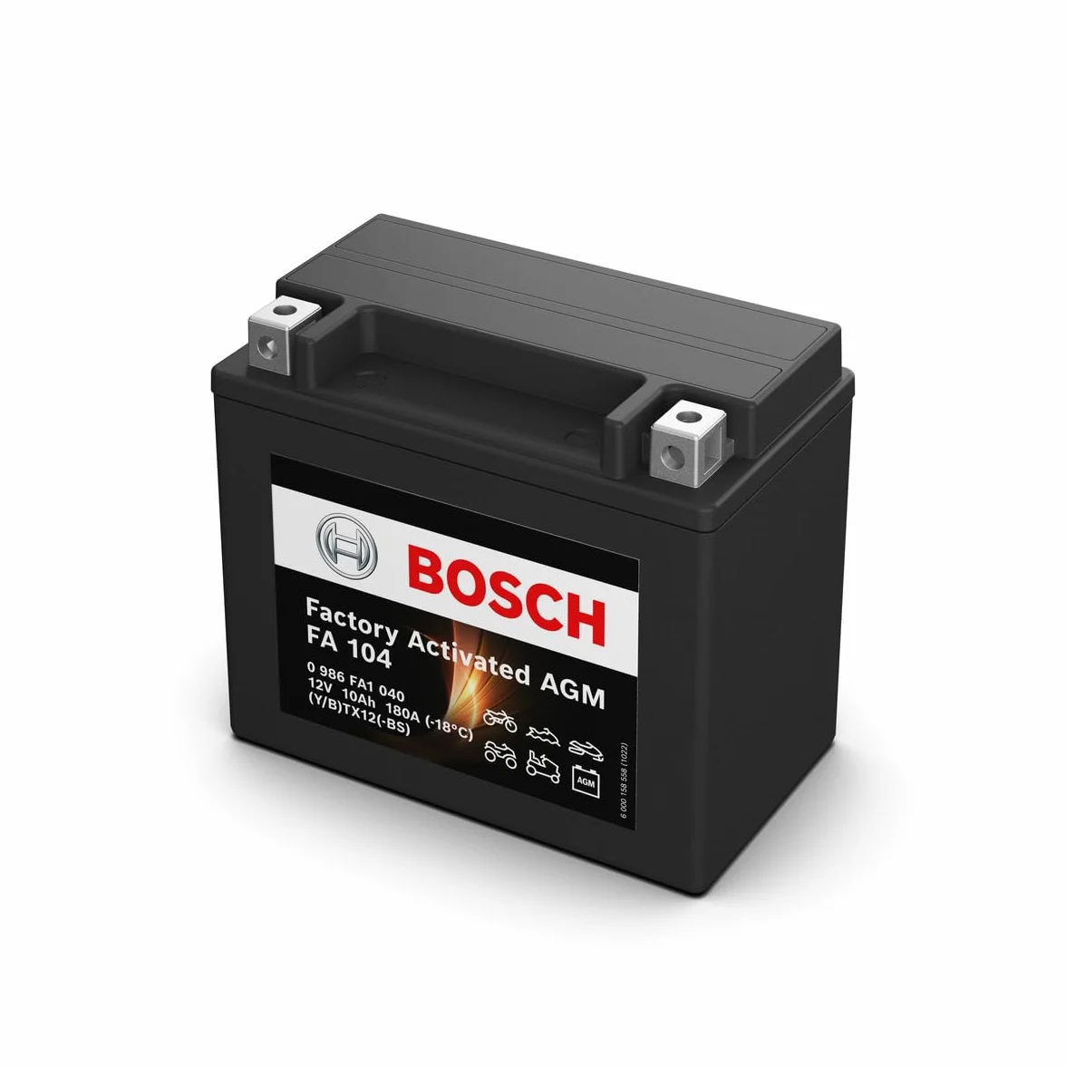 Bosch FA104 - AGM-Motorradbatterie - 12V 180A 10Ah - Geeignet für Motorräder, Motorräder, Enduros, Roller, Quads, Jetskis - Kompatibel M6014, BTX12-BS, BTX12
