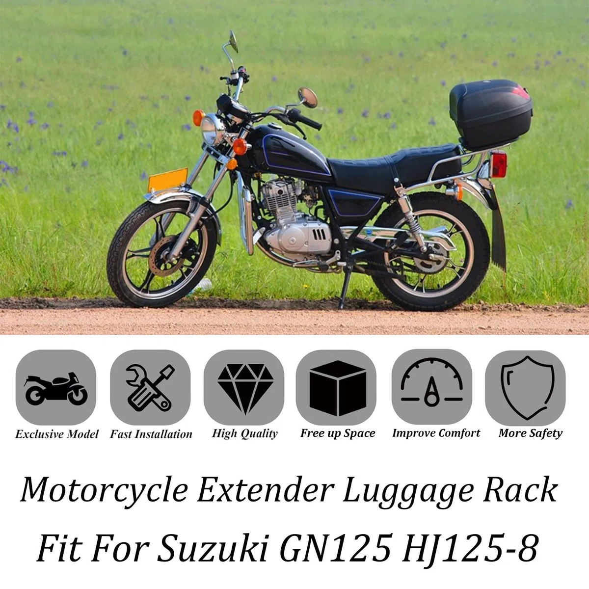 Kompatibel mit Suzuki GN125 HJ125-8 Motorrad-Heckgepäckträger, Chrom, Gepäckträger, Heckgepäckträger, Topcase-Halterung, Halterung, Verlängerung, Regalhalter, Zubehör