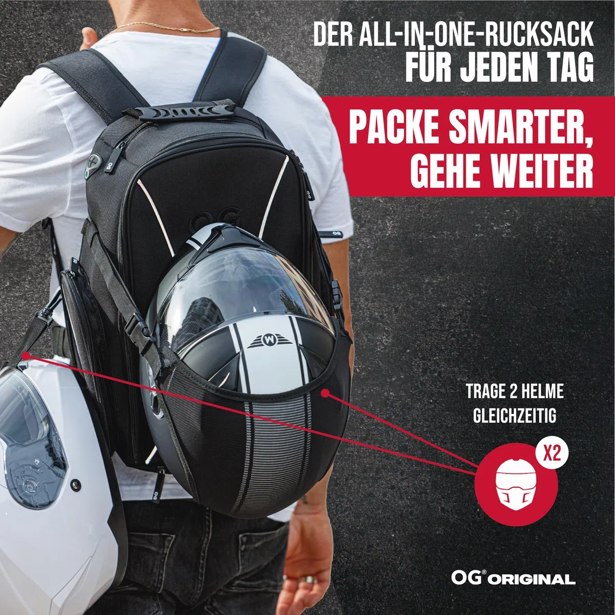 OG Original Motorrad Rucksack GO Schwarz Wasserdicht, 20L, Motorradhelm-Tasche, Helm-Trageriemen, Biking, Mann, Laptop-Fach, Reflektierend, Anti-Diebstahl