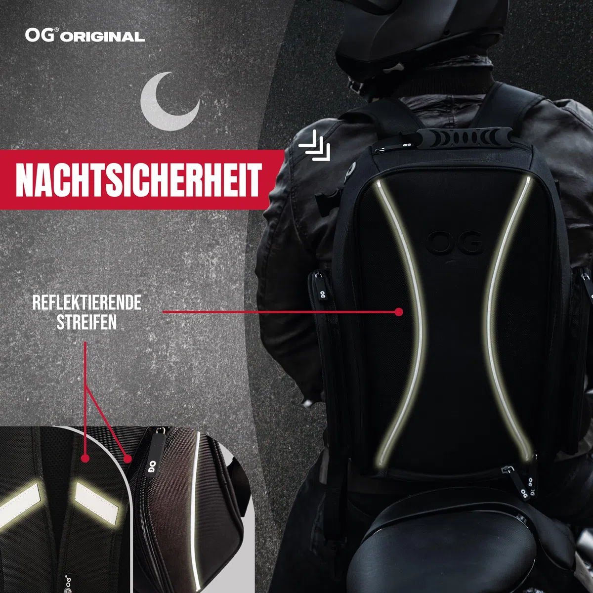 OG Original Motorrad Rucksack GO Schwarz Wasserdicht, 20L, Motorradhelm-Tasche, Helm-Trageriemen, Biking, Mann, Laptop-Fach, Reflektierend, Anti-Diebstahl