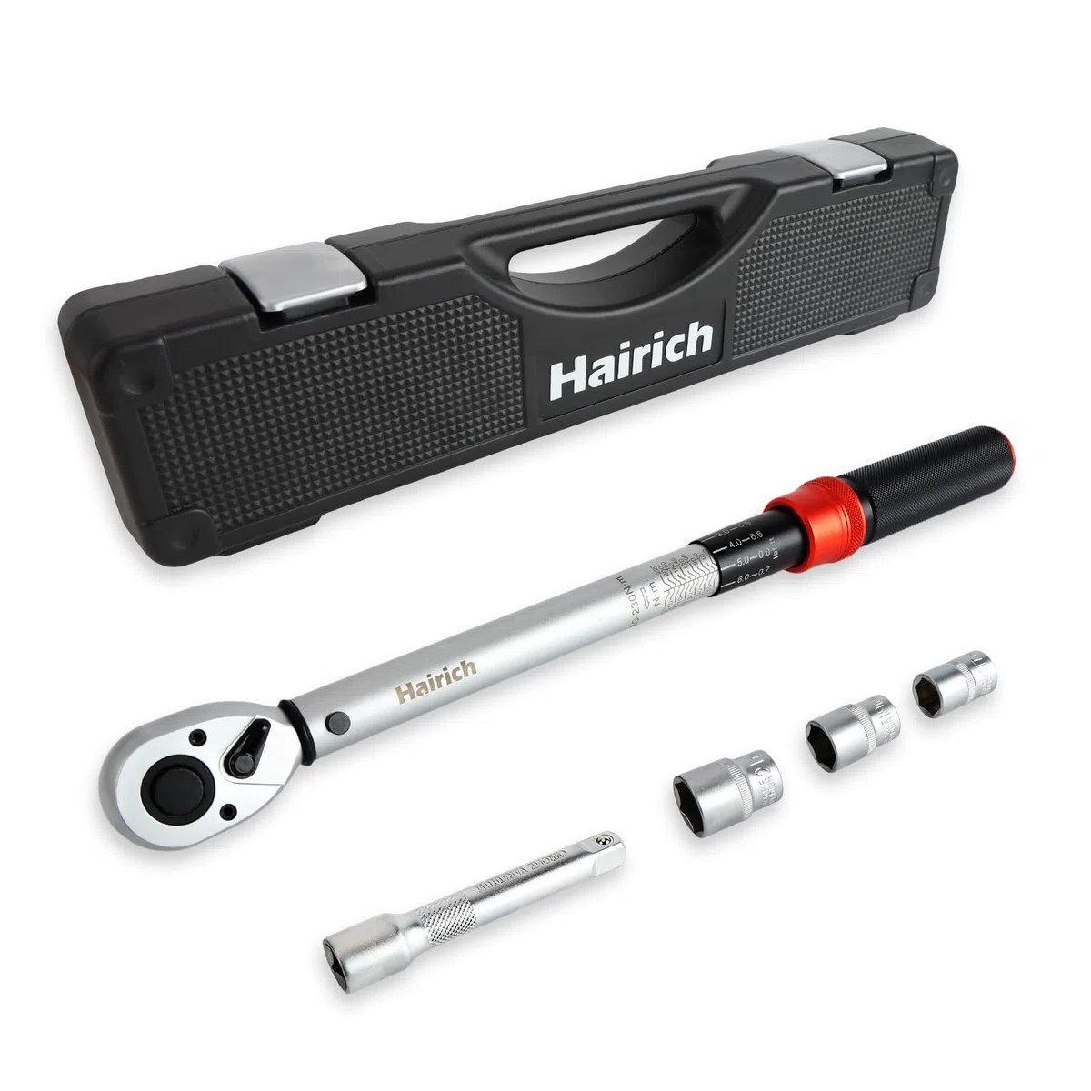Hairich Drehmomentschlüssel 1/2 Zoll für Auto, 20–230 Nm, Torque Wrench 5-tlg. Set mit Verlängerung & Stecknüssen (17/19/21 mm) – für Reifenwechsel & Motorrad