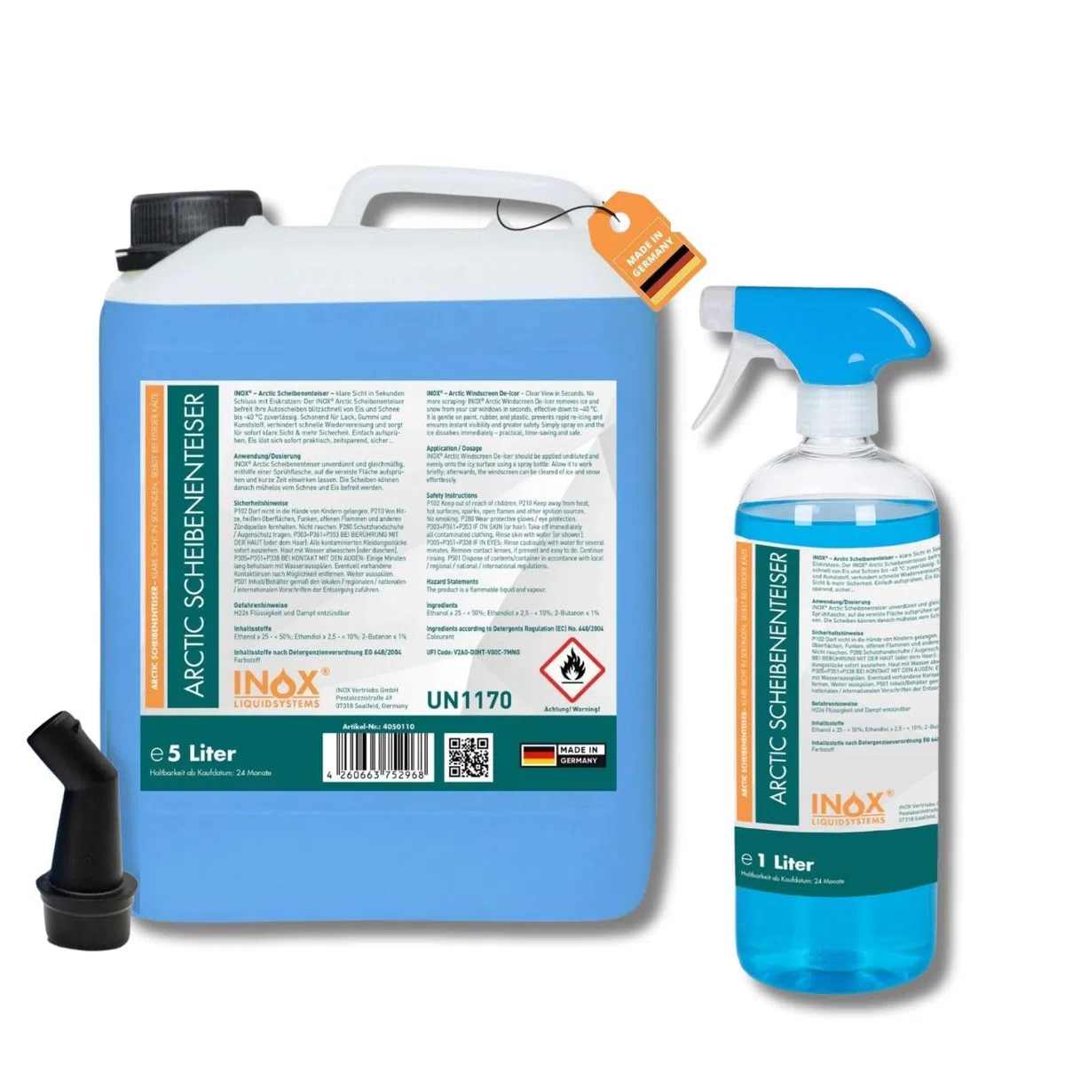 INOX® - Schnell wirkender Scheibenenteiser 5l + 1L Sprühflasche| Effektiver Scheibenenteiser Nachfüller | Scheiben Enteisen ohne Kratzen | Schlierenfreies Scheibenenteisen | Wirksam bis -40 Grad