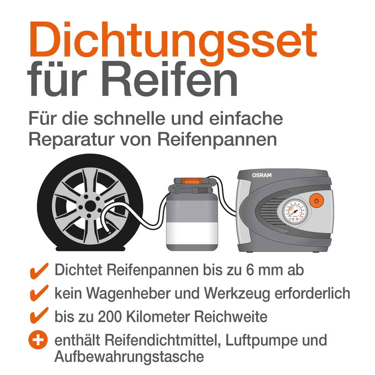 Osram TYREseal KIT Essential, 450 ml Reifendichtmittel und analoger Premium-Reifenfüller, RDKS geeigne, inklusive Aufbewahrungsbox