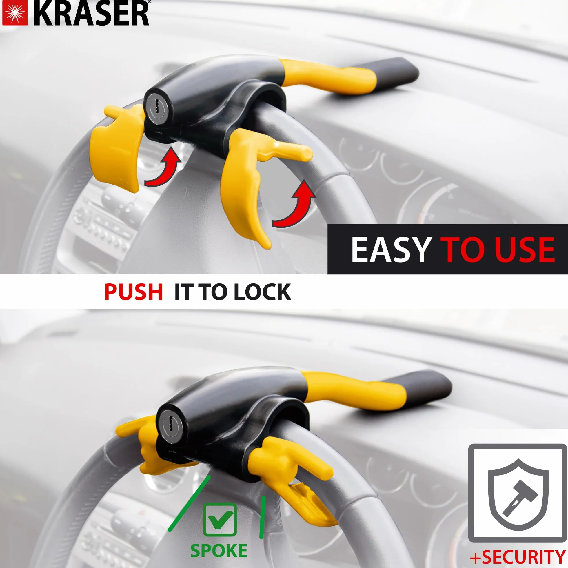 KRASER KR855Y Hohe Sicherheit Lenkradkralle, Sichtbarer und Abschreckender Lenkradschloss, Lenkradsperre Wohnmobil, Wegfahrsperre Diebstahlsicherung Universal für Auto PKW