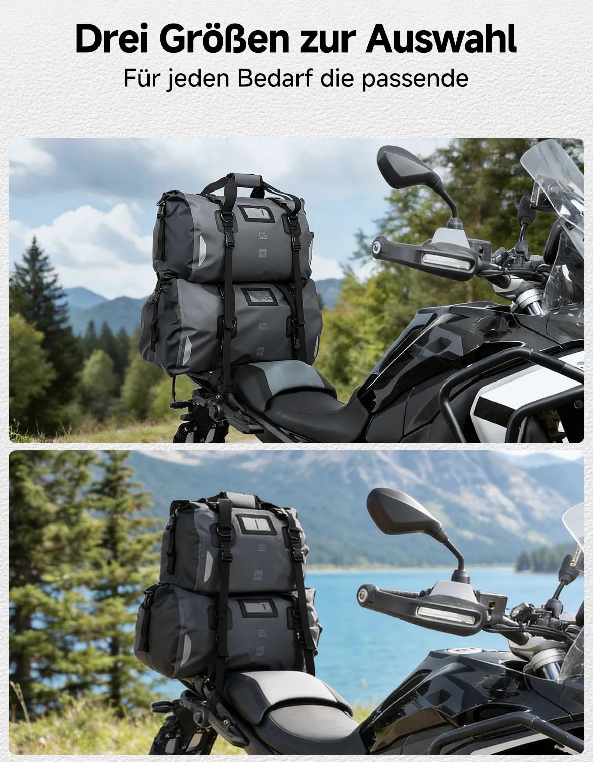KEMIMOTO Motorrad Hecktasche 40L, IPX6 wasserdichte Motorradtasche Gepäckrolle mit Schnellverschlussgurten, Große Kapazität & Mehrere Fächer, Ideal für Touring, Camping, Motorradfahren, Wassersport
