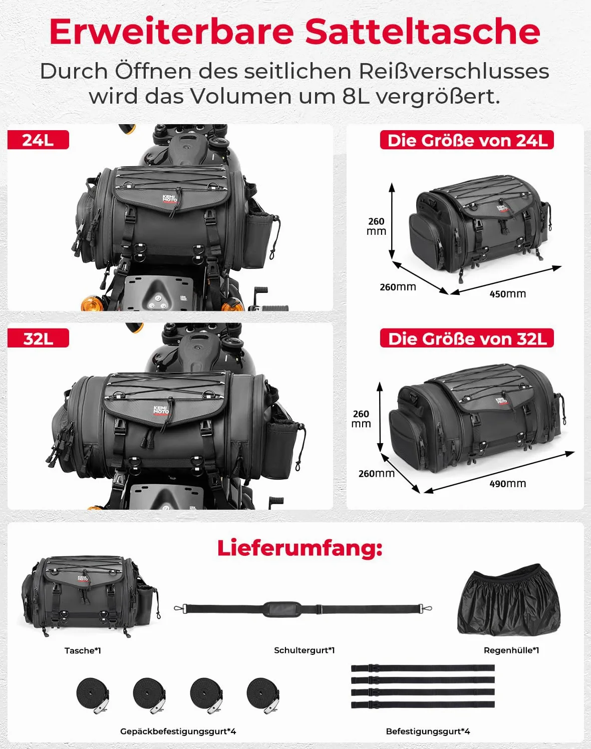 KEMIMOTO Motorrad Hecktasche 24-32L wasserdicht erweiterbare Satteltasche Gepäckträgertasche mit Regenhülle schwarz