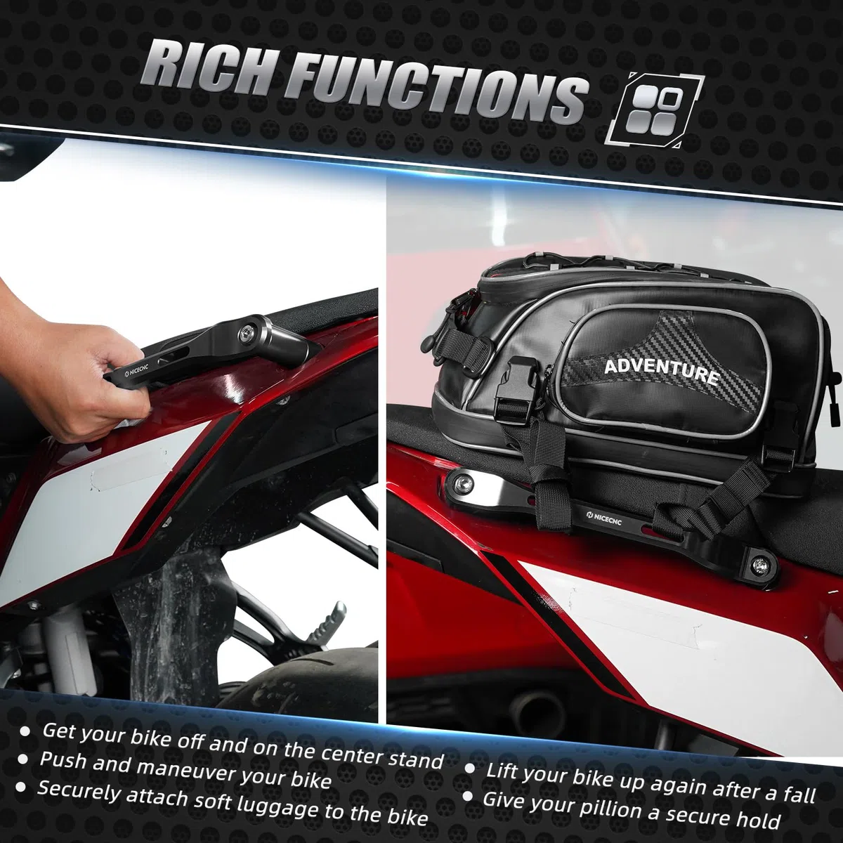 NICECNC-Passagier-Rücksitzgriffknopf Kompatibel mit Tenere 700/XTZ700 2019-2024, Tenere 700 Rally Edition 2020-2024, Tenere 700 World Raid 2022, Motorrad-Rückgriff Tenere 700, Schwarz