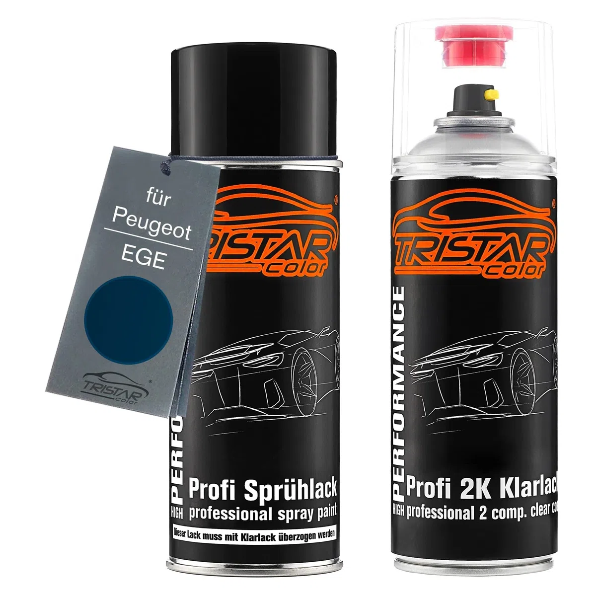 TRISTARcolor Autolack 2K Spraydosen Set für Peugeot EGE China Blau Metallic/Blu Di Cina Metallic Basislack 2 Komponenten Klarlack Sprühdose