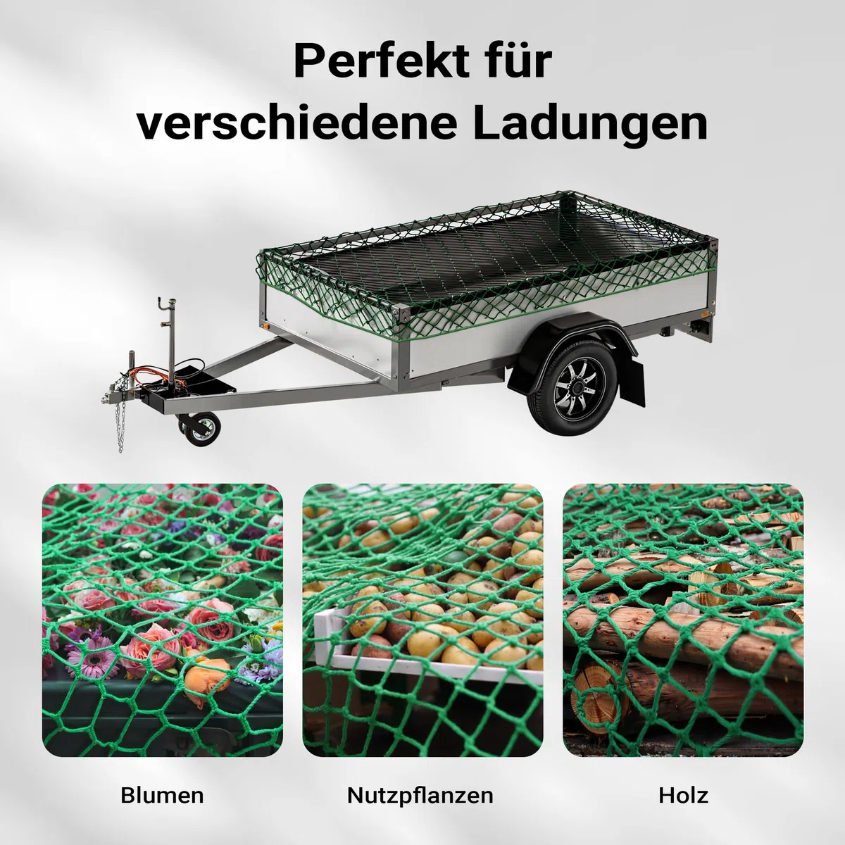 Wiltec Ladungssicherungsnetz 5x3 m Grün Masche 4,5x4,5 cm Stärke 3 mm Polypropylen Transportnetz für Anhänger mit Randkördel Witterungsbeständig Ladung Sicherheit