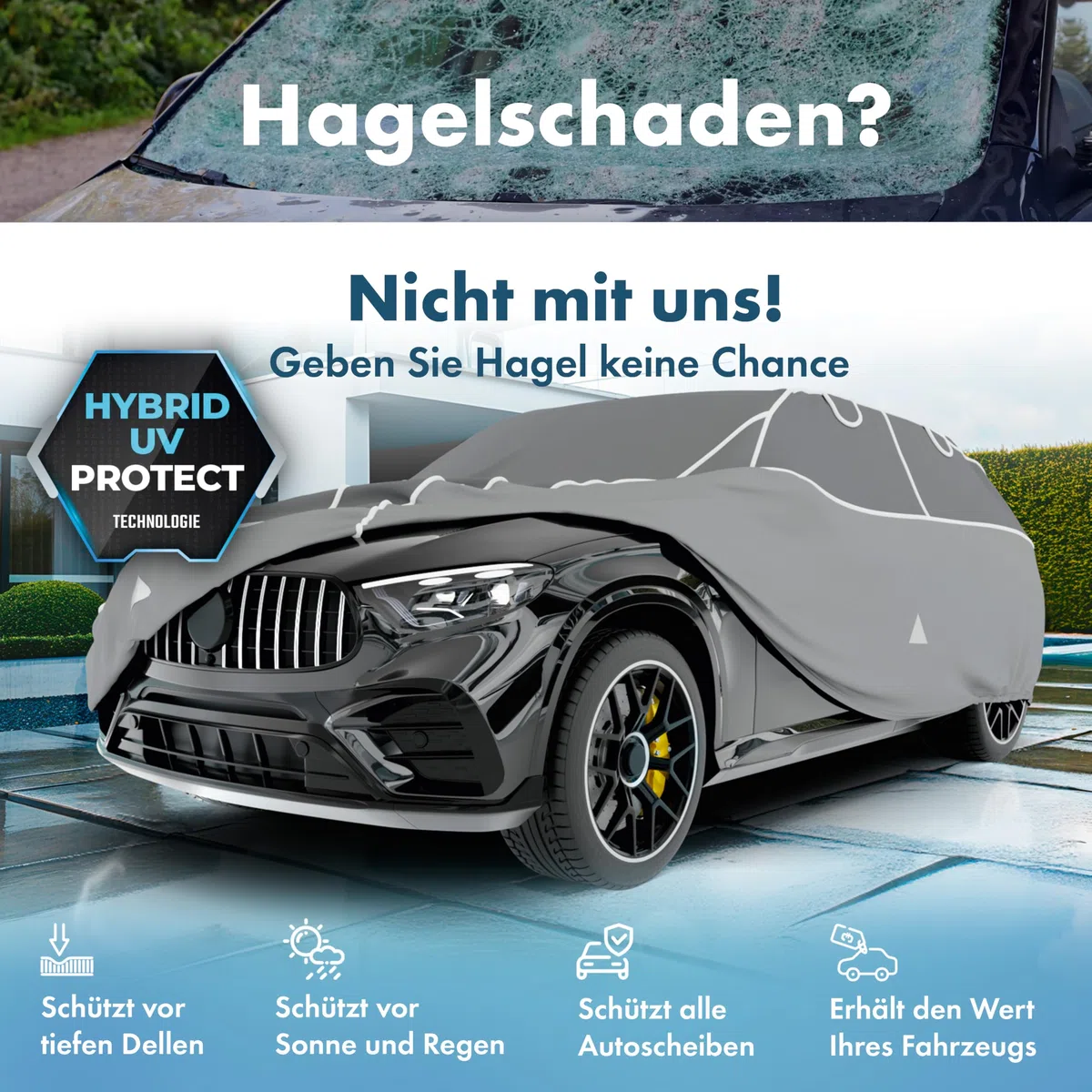 WALSER Premium Hagelschutz Abdeckplane Auto, Auszeichnung Sehr Gut* Hagelschutzplane, TÜV geprüfte* Autogarage Hagel, Hybrid UV Protect Vollgarage, Wasserabweisende Abdeckung Größe 8 SUV/Van