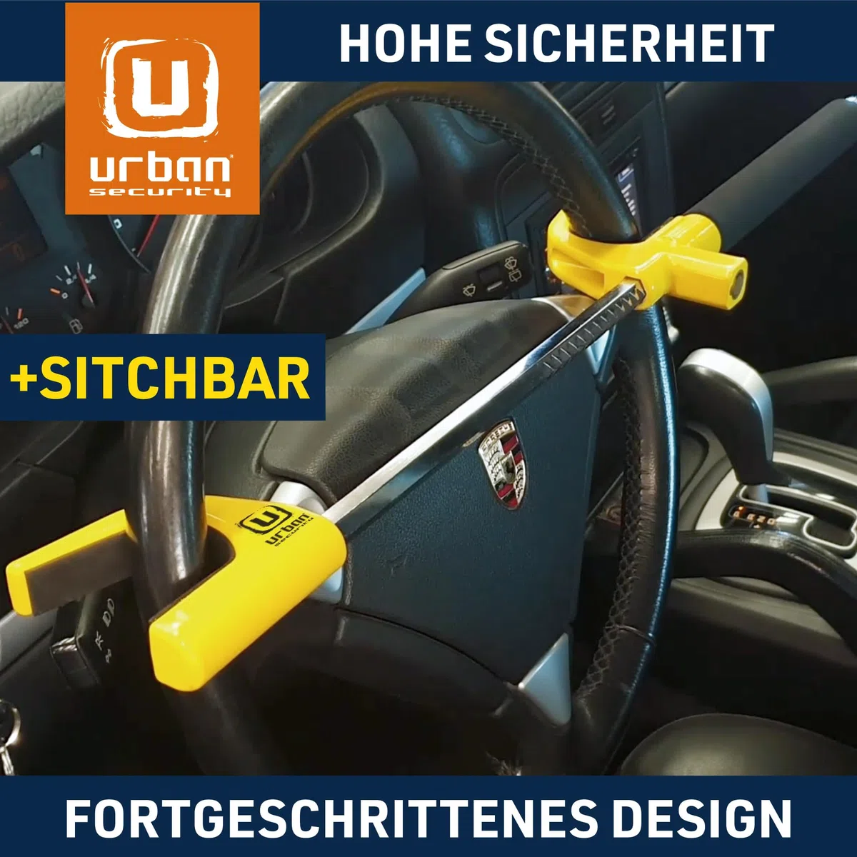 URBAN UR959Y Lenkradkralle Hochsicherheits Lenkradschloss Abschreckend Gelb, Lenkradsperre Automatik-Verriegelung, Diebstahlsicherung Universal für Auto Wohnmobil PKW